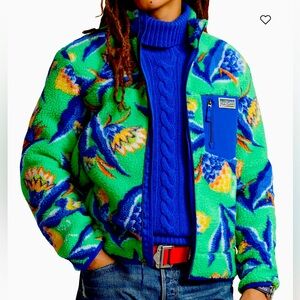 Ralph Lauren Green and Blue Hi-Pile Floral Fleece Jacket - Large